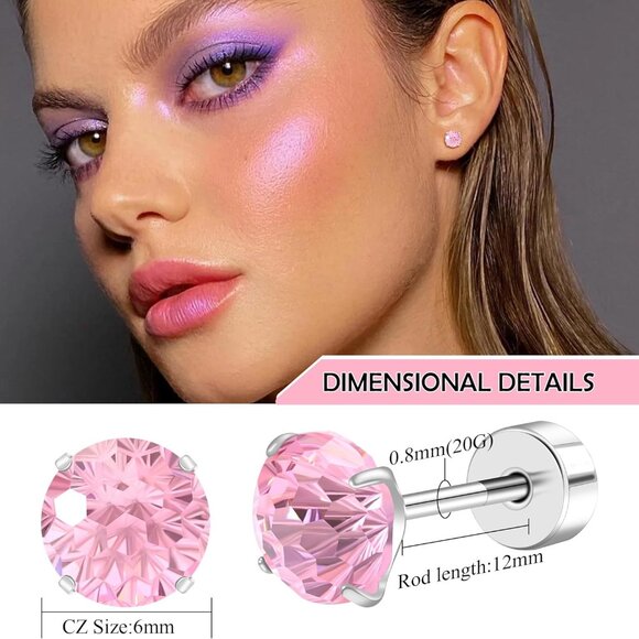 Pink Cubic Zirconia Titanium Flat Back Stud Earrings for Women, Hypoallergenic, - Picture 2 of 7